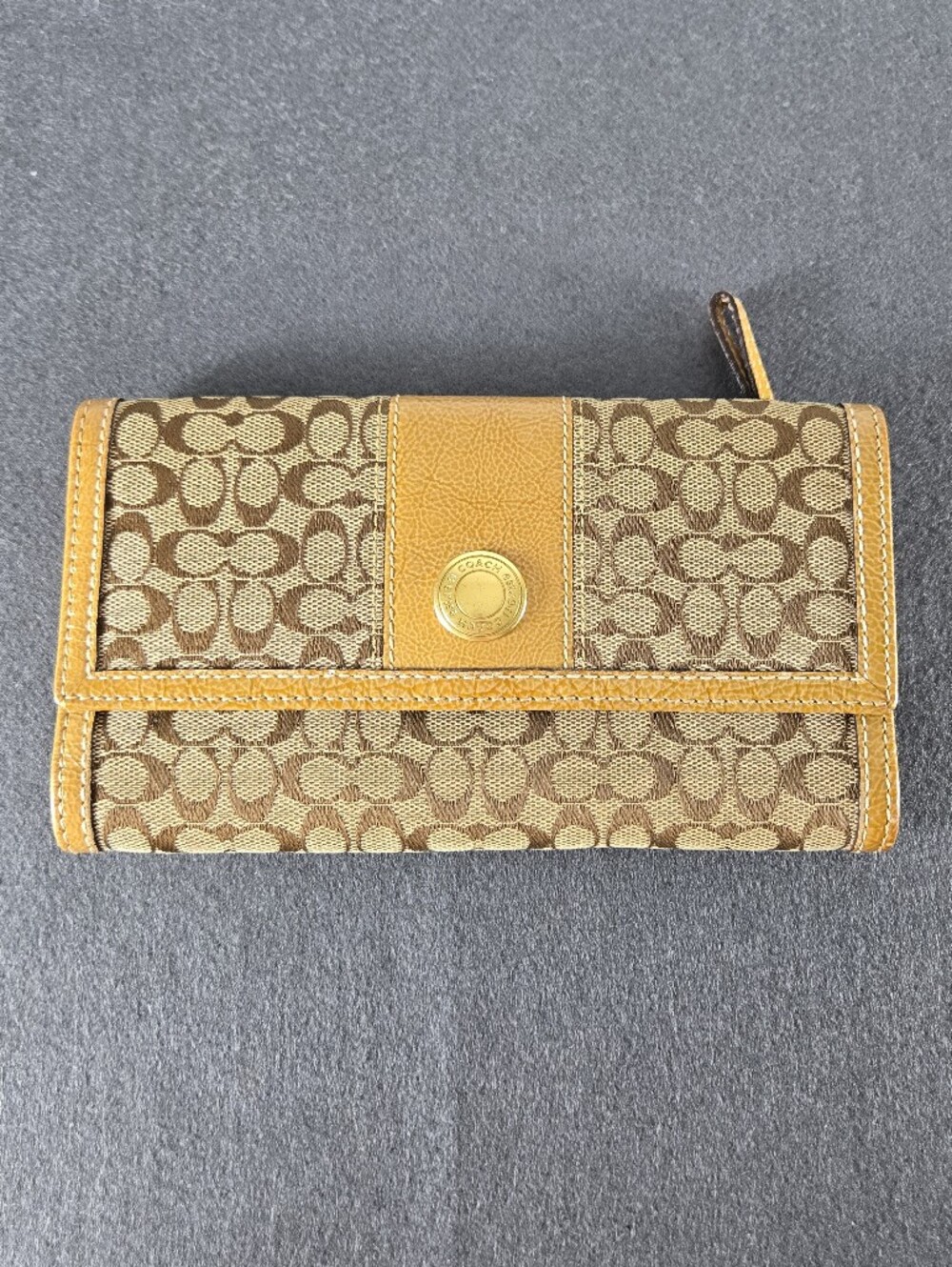 Coach Vintage Y2K Signature Canvas Wallet with Tan/Gold Leather Trim